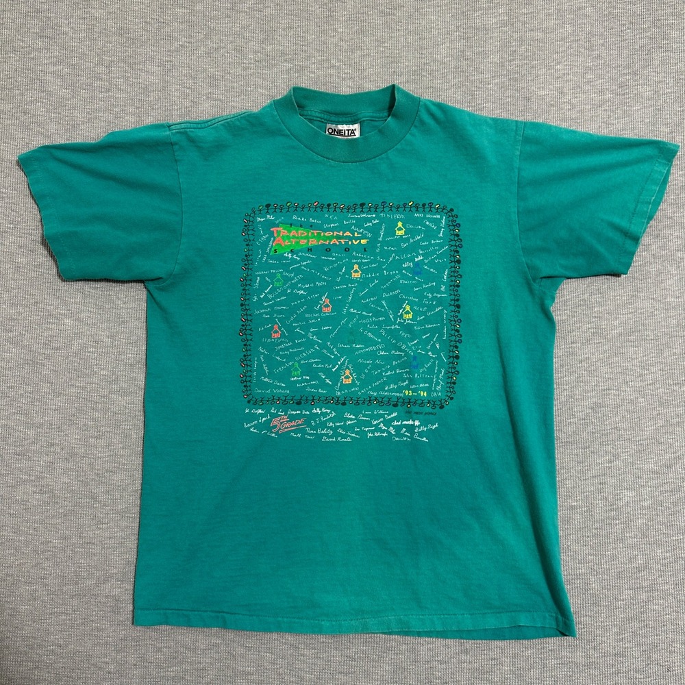 Vintage Oneita Power-T Green Traditional Alternative School T-Shirt Mens M 38-40